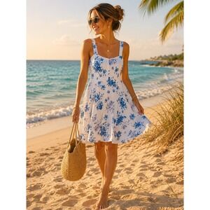 DASAP Women White Blue Floral Lace Up Back Fit Flare Sun Dress Medium